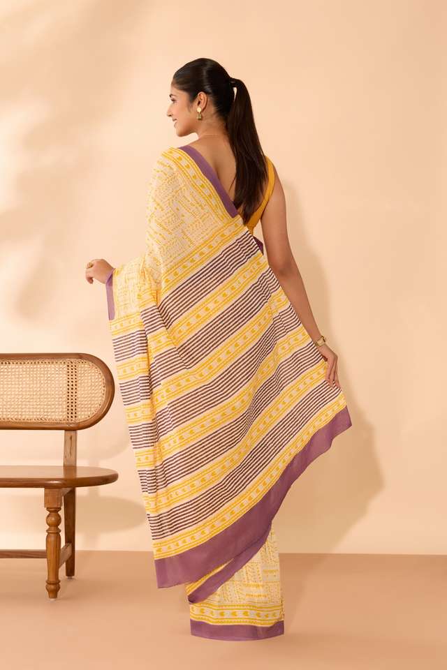 Light Yellow Mulmul Block Printed Bengal Saree thumbnail image number null