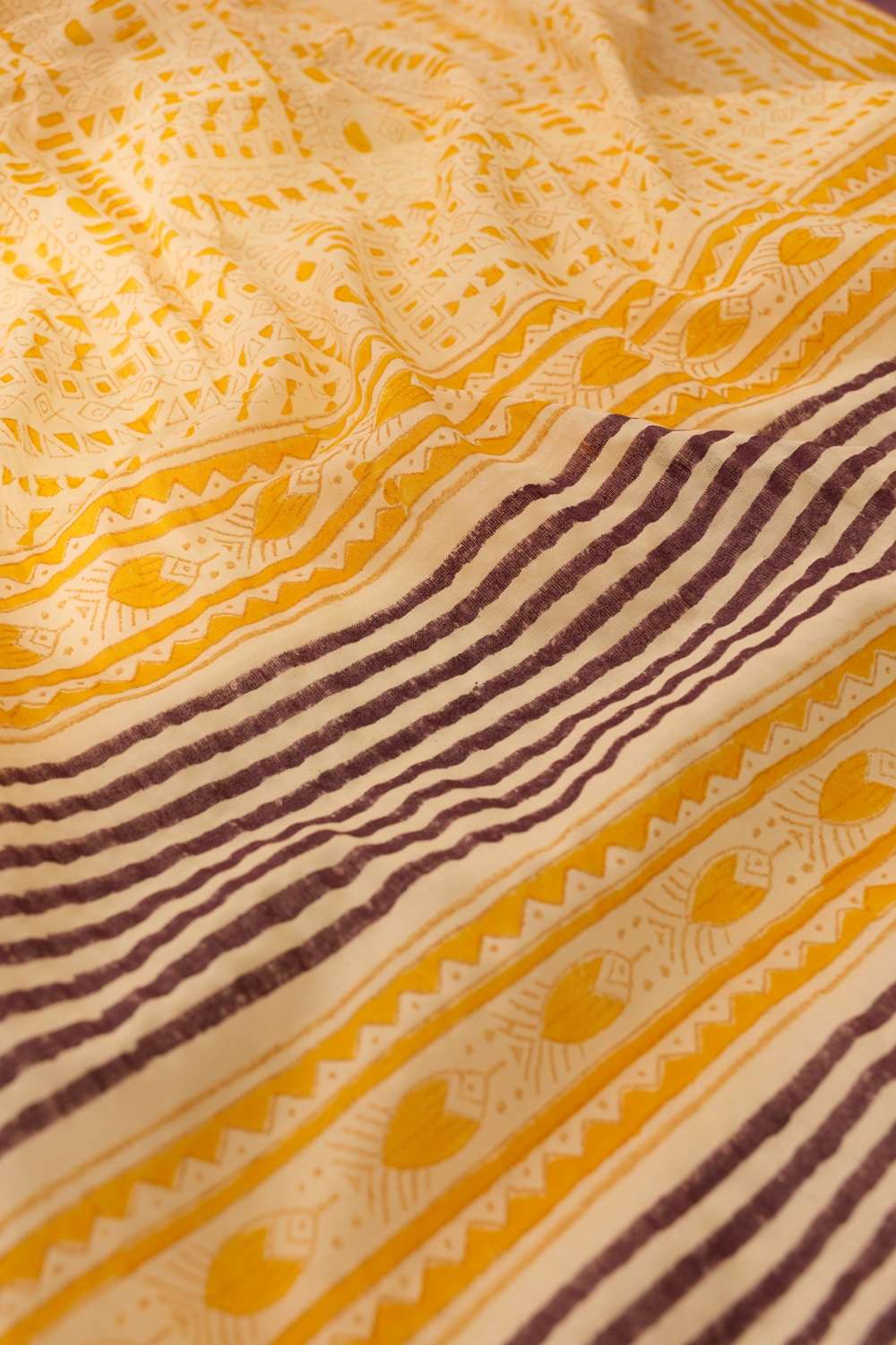 Light Yellow Mulmul Block Printed Bengal Saree image number null