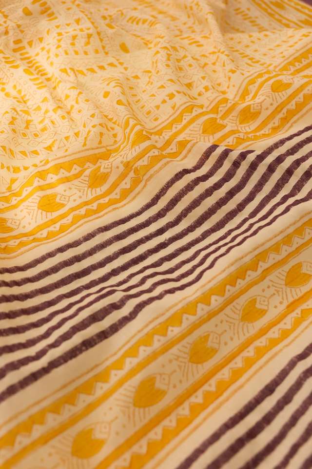 Light Yellow Mulmul Block Printed Bengal Saree thumbnail image number null