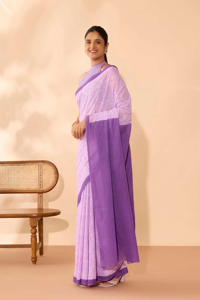 Light Violet Pure Cotton Mulmul Block Printed Bengal Saree thumbnail image number null
