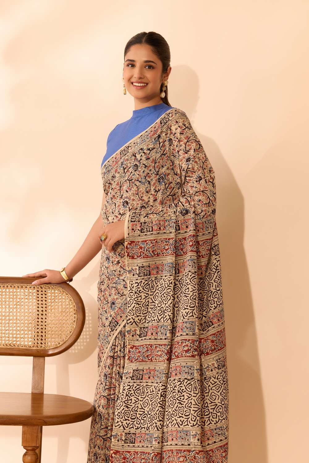 Beige Printed Kalamkari Machilipatnam Pure Cotton Saree image number null
