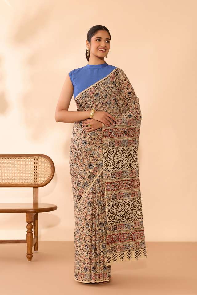 Beige Printed Kalamkari Machilipatnam Pure Cotton Saree thumbnail image number null