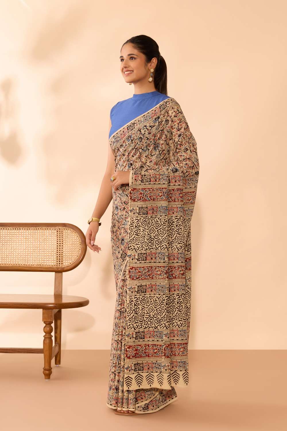 Beige Printed Kalamkari Machilipatnam Pure Cotton Saree image number null