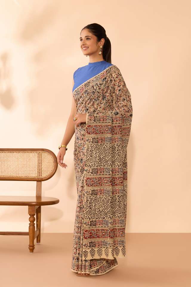 Beige Printed Kalamkari Machilipatnam Pure Cotton Saree thumbnail image number null