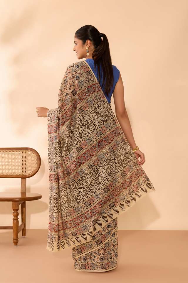 Beige Printed Kalamkari Machilipatnam Pure Cotton Saree thumbnail image number null