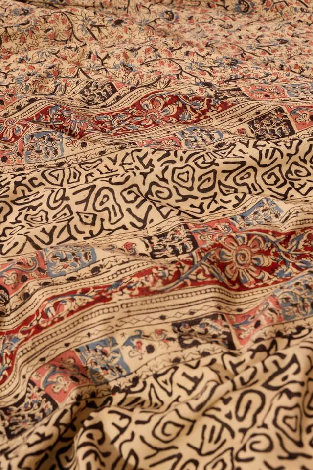 Beige Printed Kalamkari Machilipatnam Pure Cotton Saree thumbnail image number null