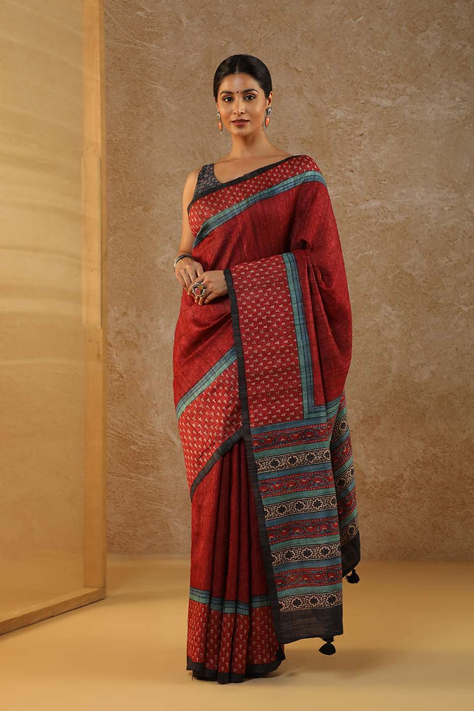 Red Printed Pure Tussar Silk Saree