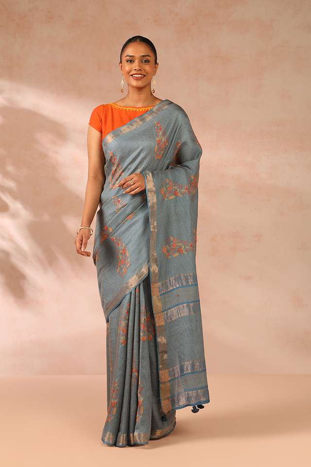 Blue Printed Pure Tussar Silk Saree image number