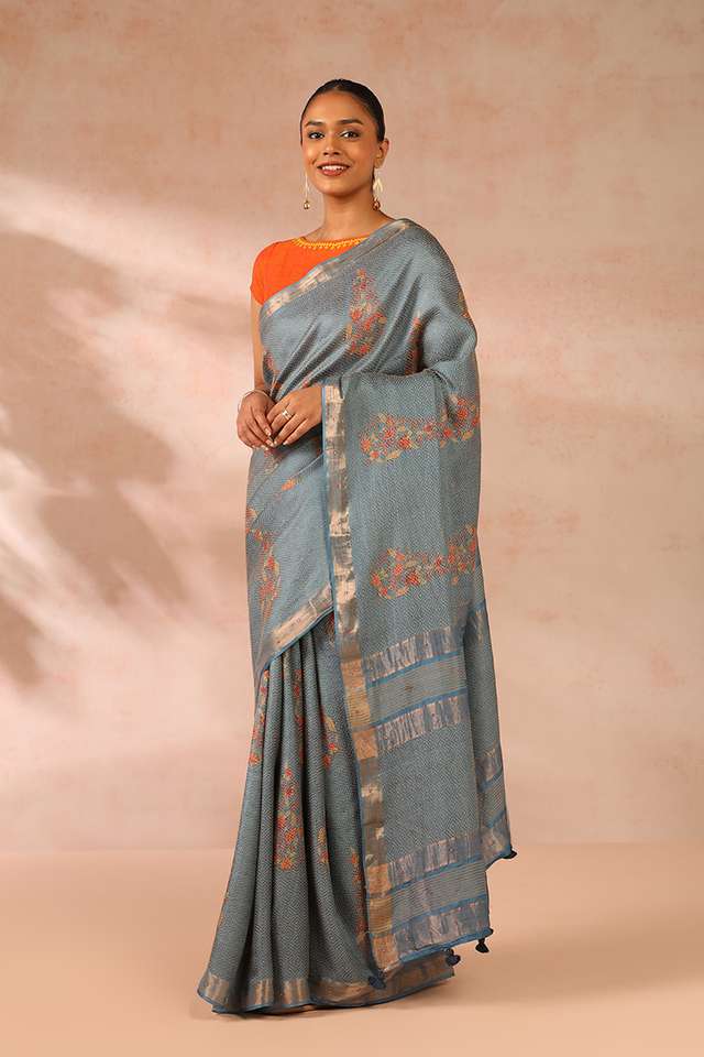 Blue Printed Pure Tussar Silk Saree thumbnail image number null