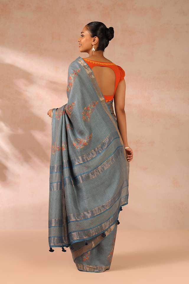 Blue Printed Pure Tussar Silk Saree thumbnail image number null