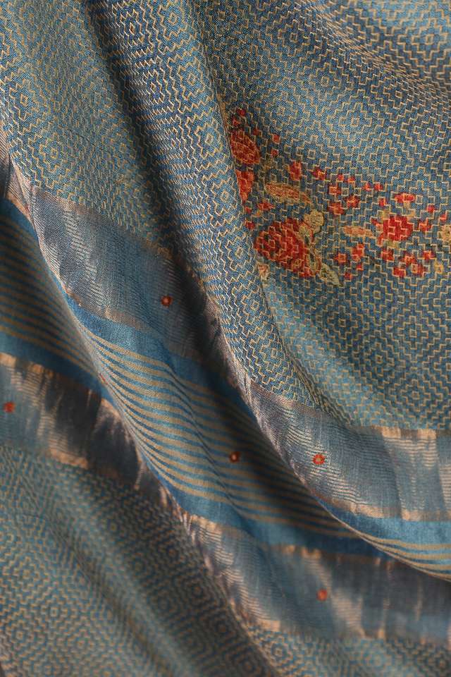 Blue Printed Pure Tussar Silk Saree thumbnail image number null