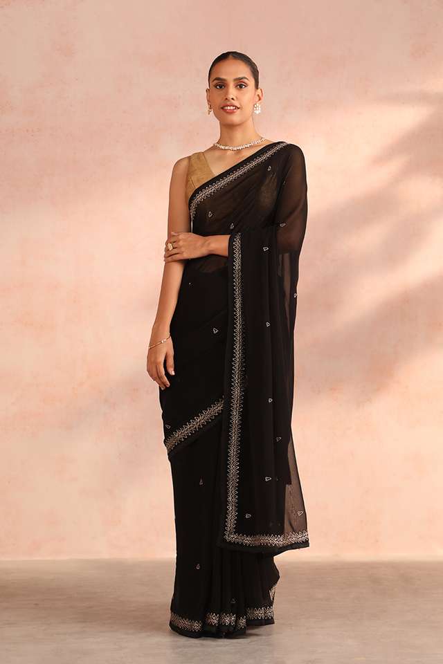 Black Bengal Viscose Georgette Aari Embroidery Saree image number