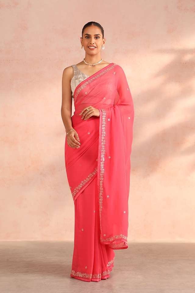 Pink Bengal Viscose Georgette Aari Embroidery Saree image number