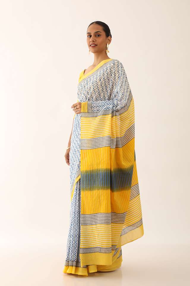 Blue Craft Pure Cotton Block Printed Saree thumbnail image number null