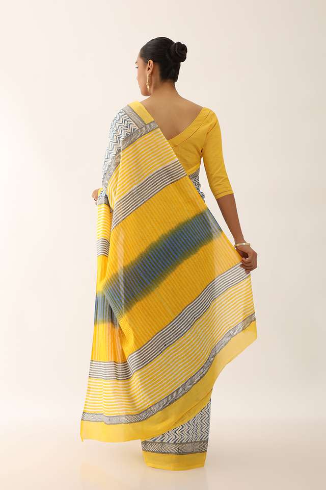 Blue Craft Pure Cotton Block Printed Saree thumbnail image number null