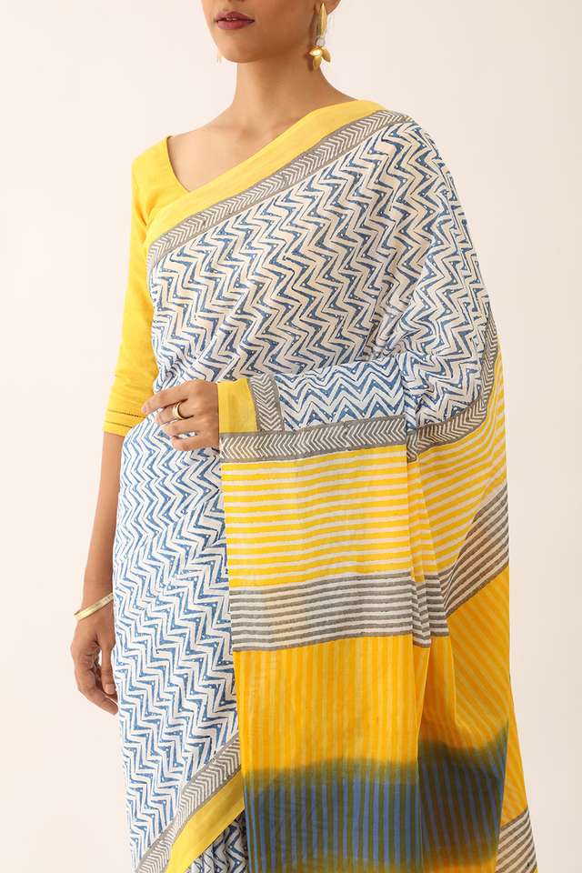 Blue Craft Pure Cotton Block Printed Saree thumbnail image number null