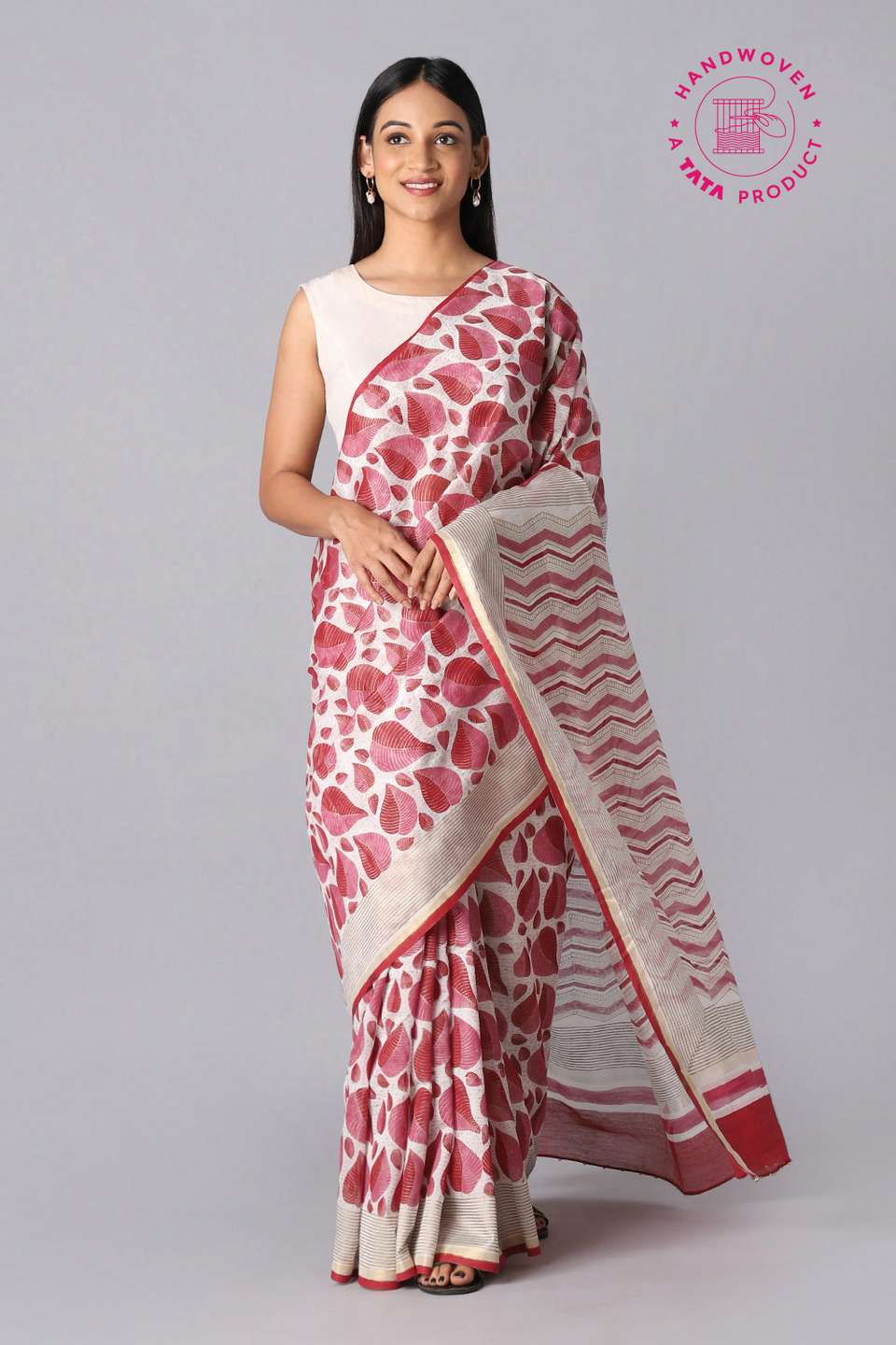 Off White and Red Pure Silk Cotton Hand Printed Saree