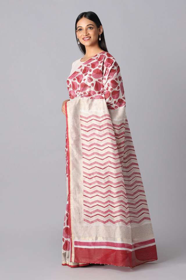 Off White and Red Pure Silk Cotton Hand Printed Saree thumbnail image number null