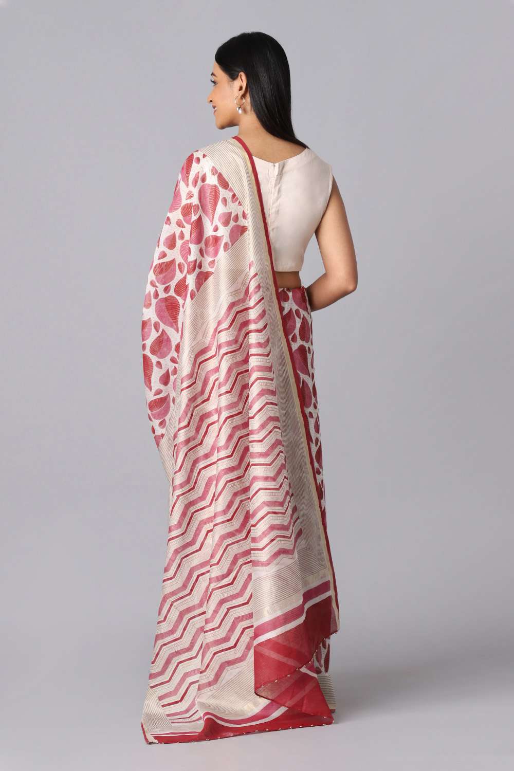 Off White and Red Pure Silk Cotton Hand Printed Saree image number null