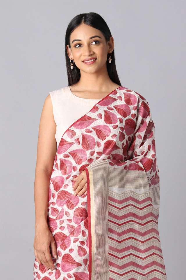 Off White and Red Pure Silk Cotton Hand Printed Saree thumbnail image number null