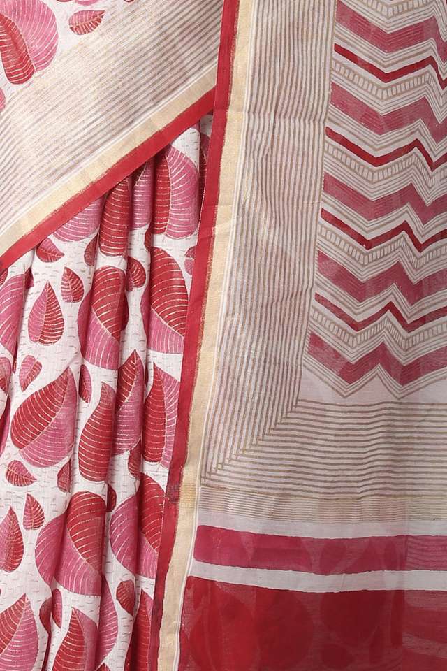 Off White and Red Pure Silk Cotton Hand Printed Saree thumbnail image number null