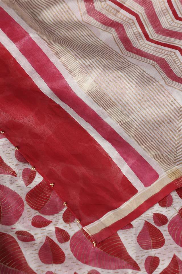 Off White and Red Pure Silk Cotton Hand Printed Saree thumbnail image number null