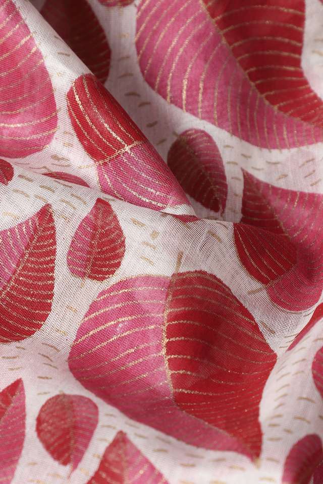 Off White and Red Pure Silk Cotton Hand Printed Saree thumbnail image number null