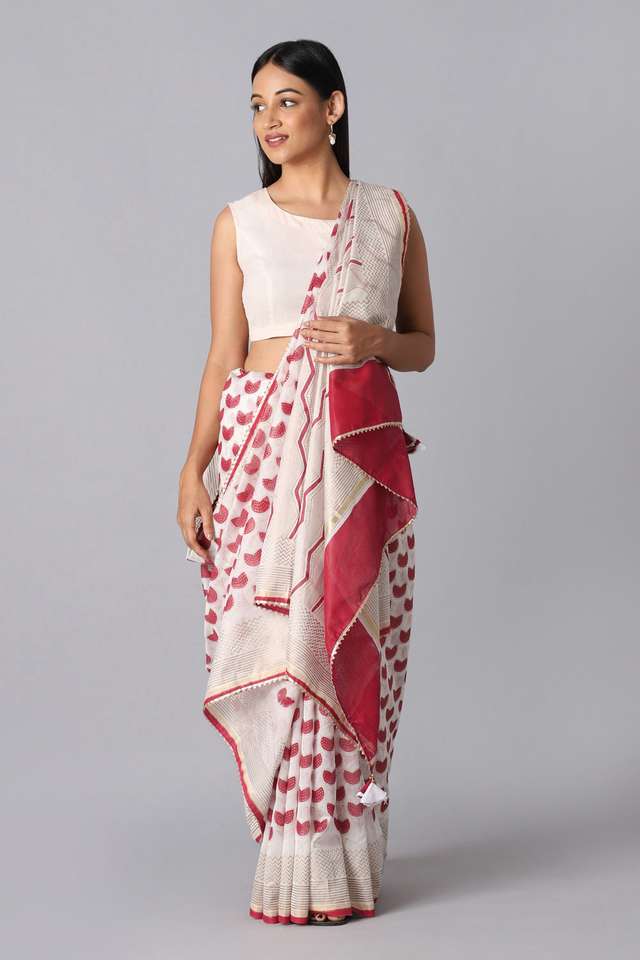 Off White and Red Pure Silk Cotton Hand Printed Saree thumbnail image number null