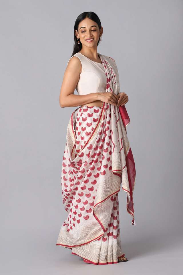 Off White and Red Pure Silk Cotton Hand Printed Saree thumbnail image number null