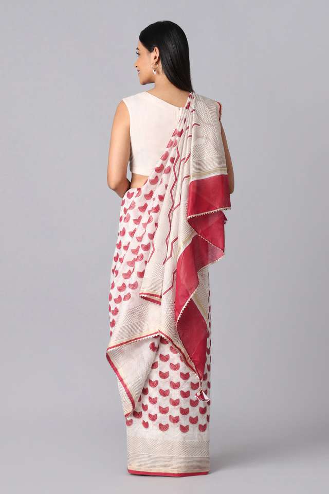 Off White and Red Pure Silk Cotton Hand Printed Saree thumbnail image number null