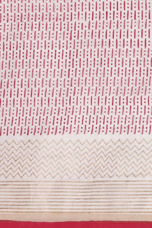Off White and Red Pure Silk Cotton Hand Printed Saree thumbnail image number null