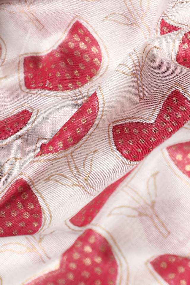 Off White and Red Pure Silk Cotton Hand Printed Saree thumbnail image number null