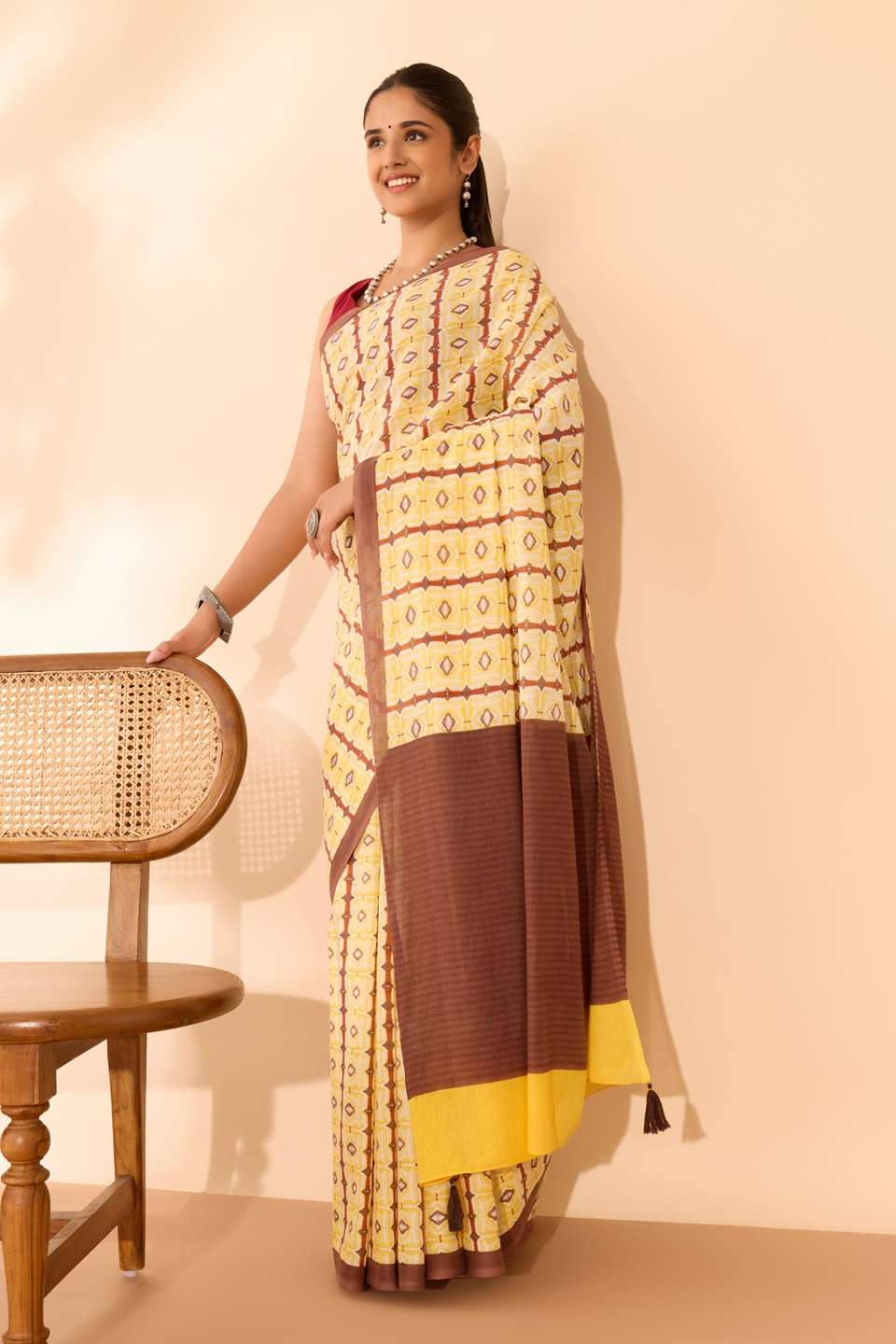 Yellow Screen Printed Bengal Mulmul Saree