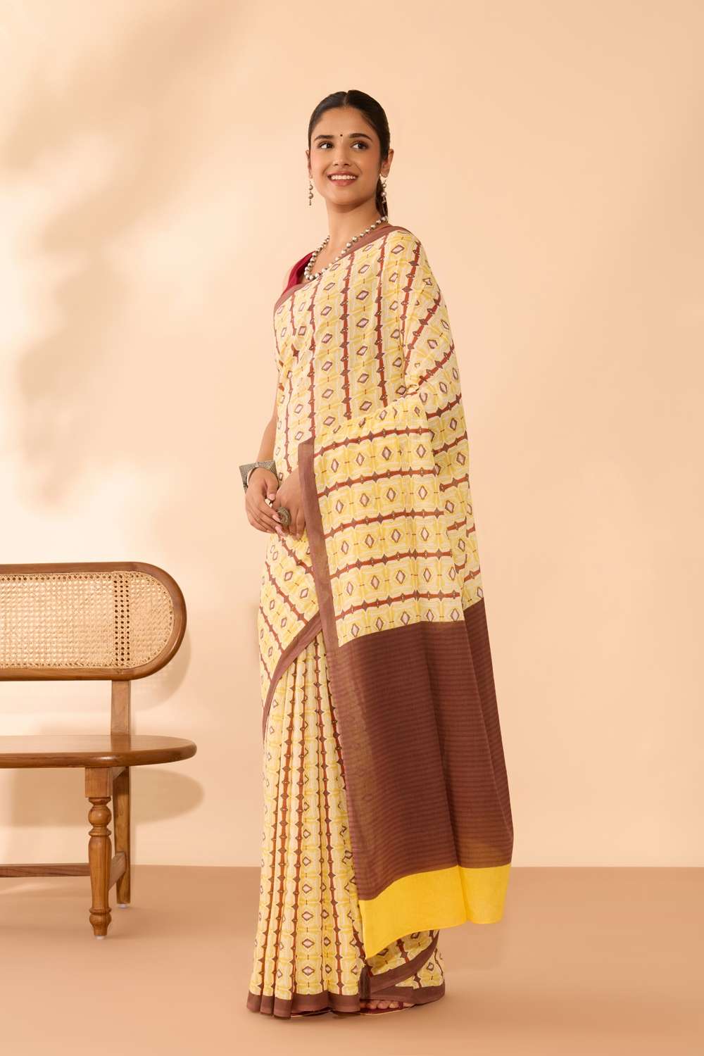Yellow Screen Printed Bengal Mulmul Saree image number null