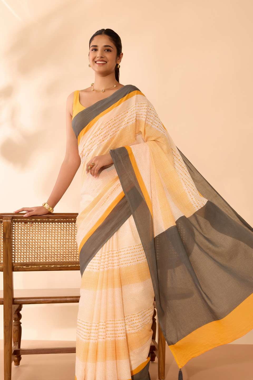 Off White Screen Printed Bengal Mulmul Saree