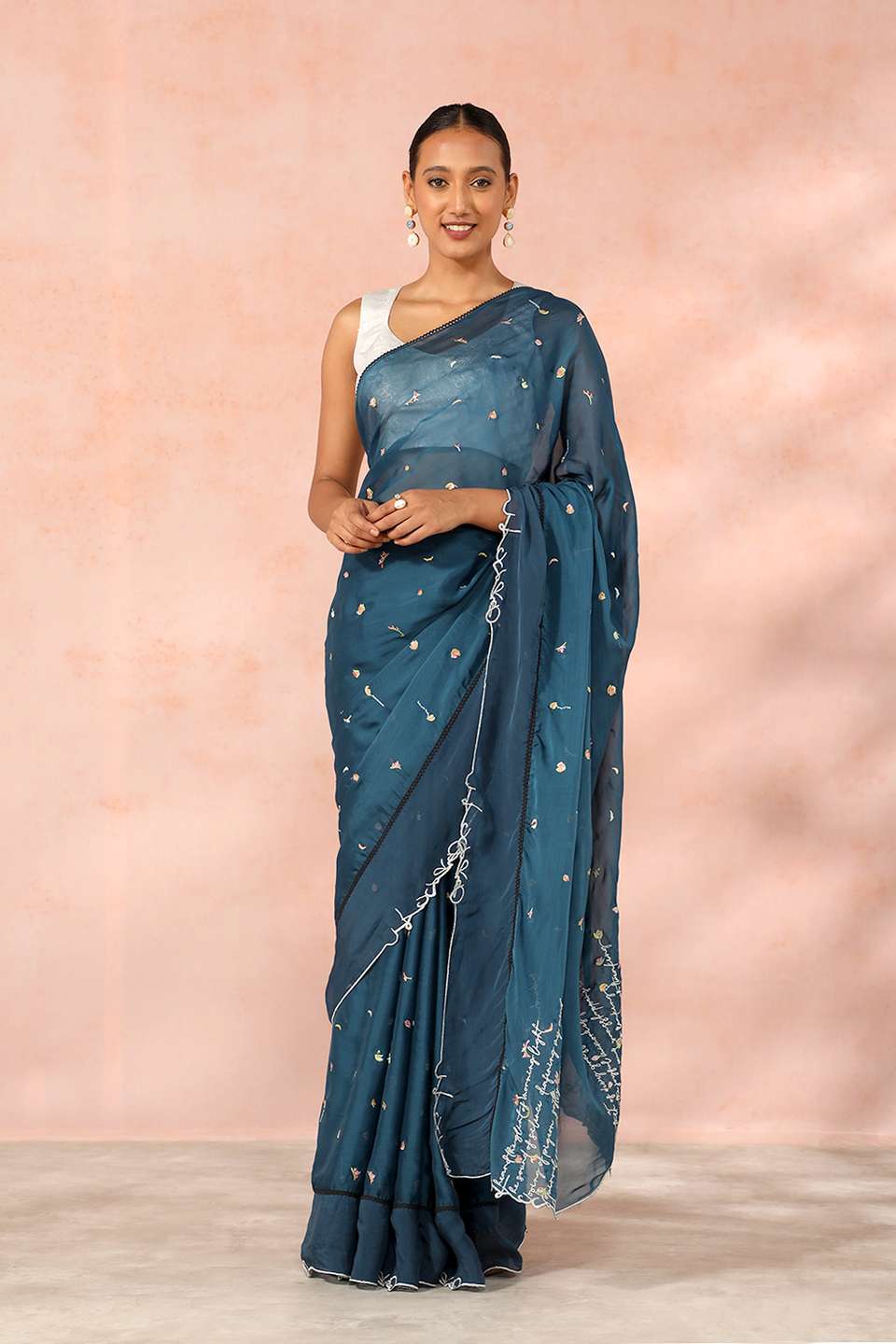 Blue Contemporary Viscose Organza Embroidery Saree