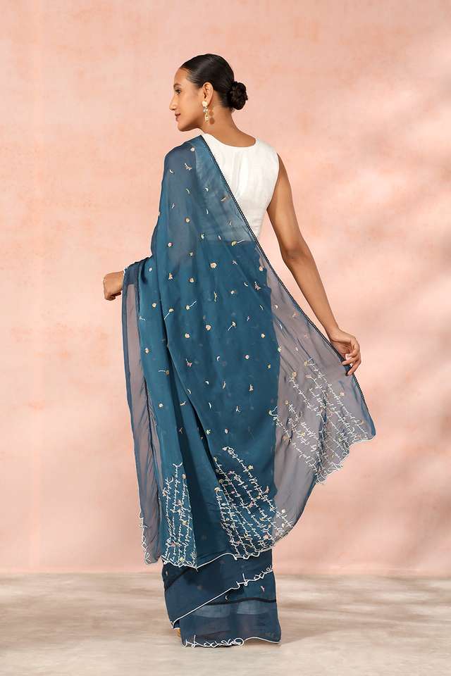 Blue Contemporary Viscose Organza Embroidery Saree thumbnail image number null
