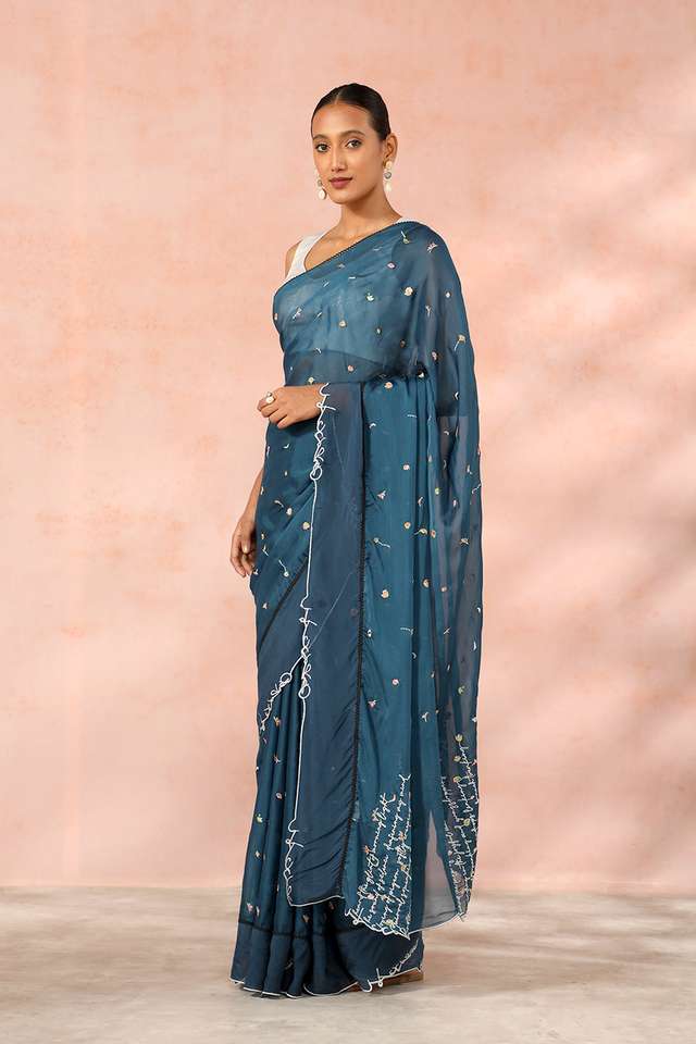 Blue Contemporary Viscose Organza Embroidery Saree thumbnail image number null