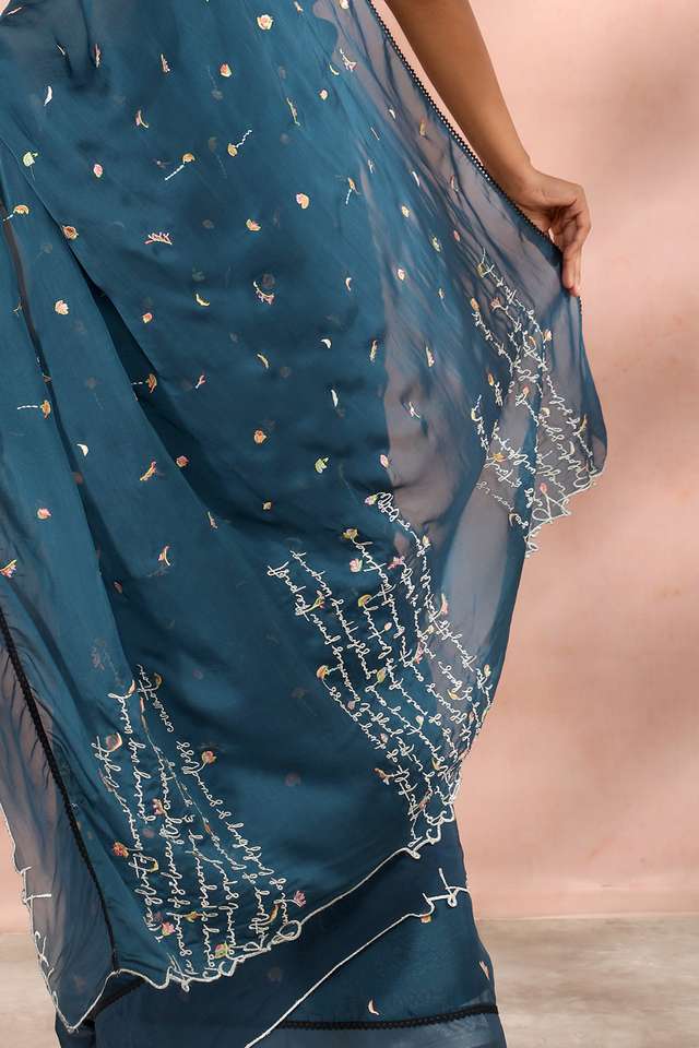 Blue Contemporary Viscose Organza Embroidery Saree thumbnail image number null