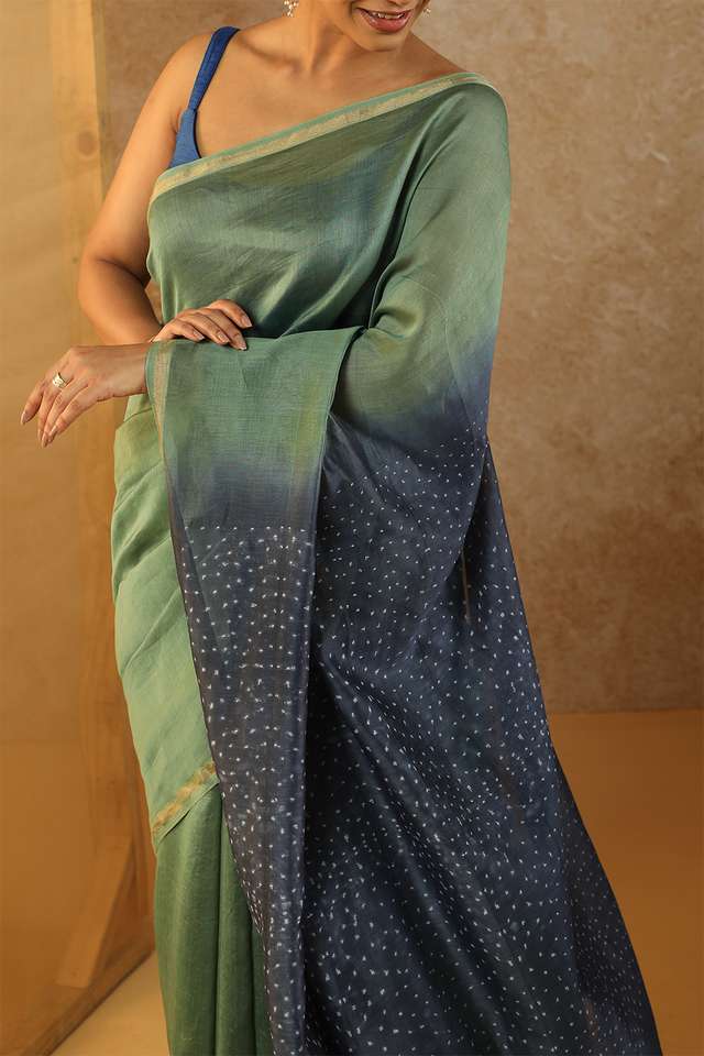 Green Rajasthan Pure Silk Cotton Tie & Dye Shibori Saree thumbnail image number null