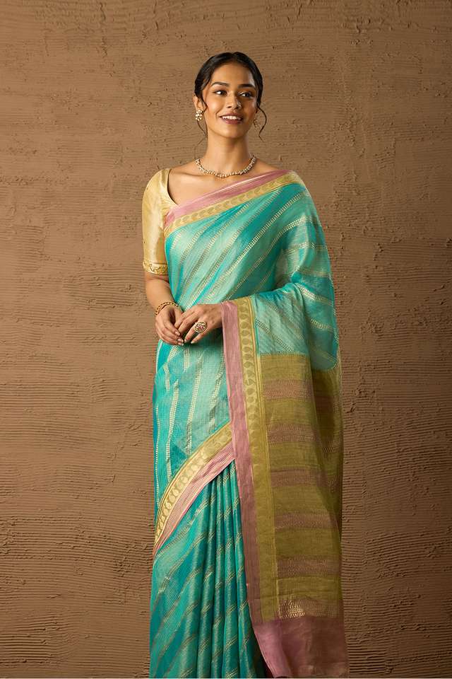 Blue Woven Pure Georgette Tissue Saree thumbnail image number null