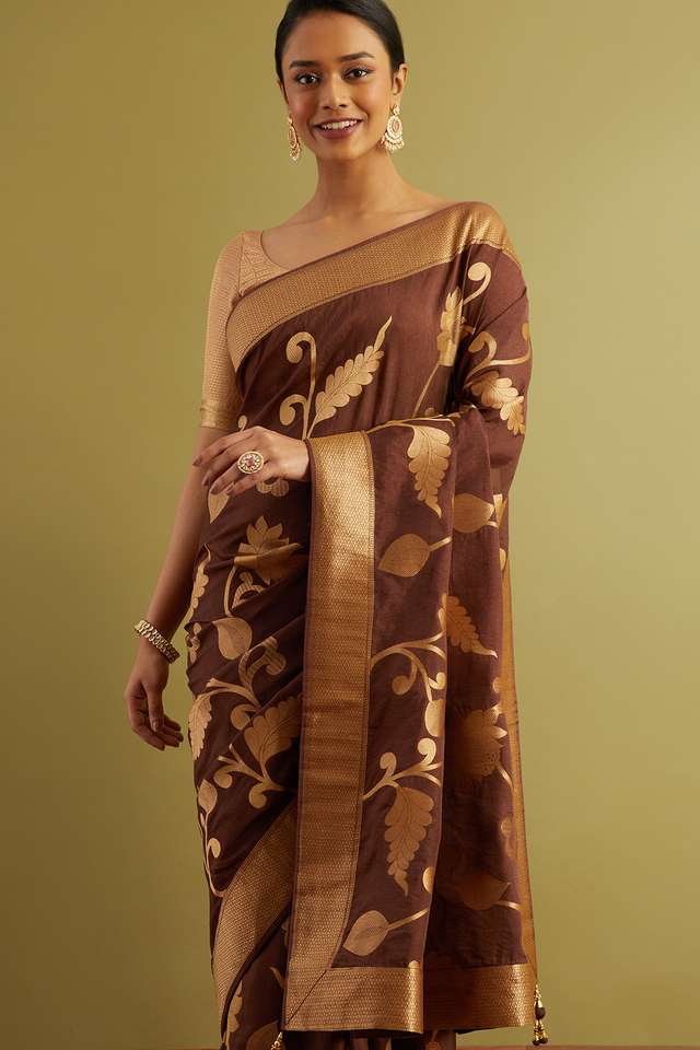 Brown Woven Viscose Luxe Saree thumbnail image number null