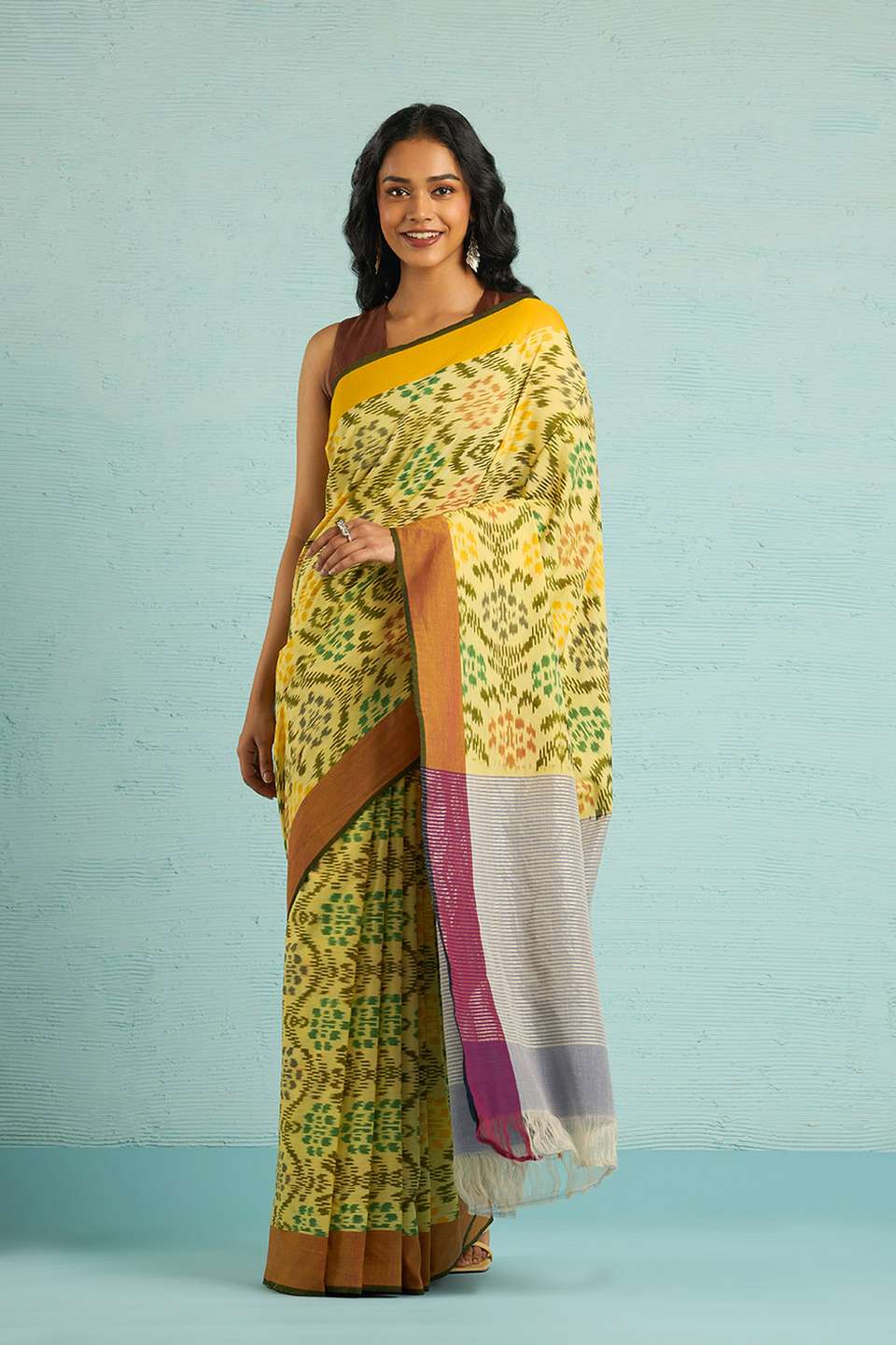 Yellow Pochampalli Pure Cotton Ikat Saree