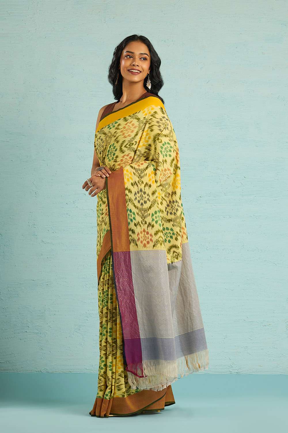 Yellow Pochampalli Pure Cotton Ikat Saree image number null