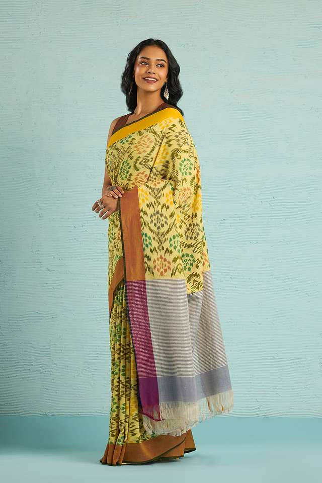 Yellow Pochampalli Pure Cotton Ikat Saree thumbnail image number null