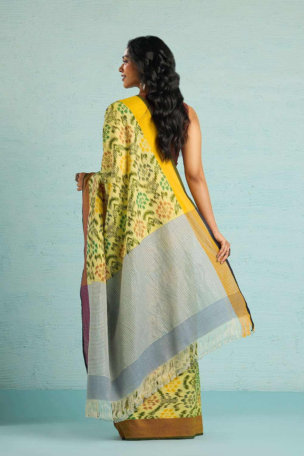 Yellow Pochampalli Pure Cotton Ikat Saree image number null