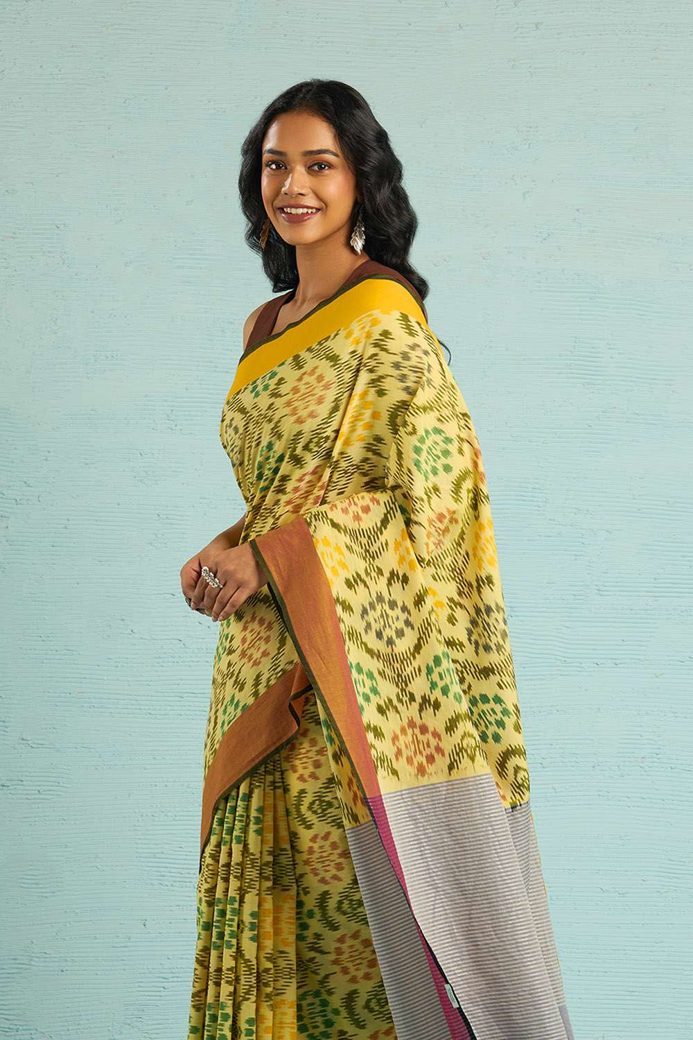 Yellow Pochampalli Pure Cotton Ikat Saree image number null