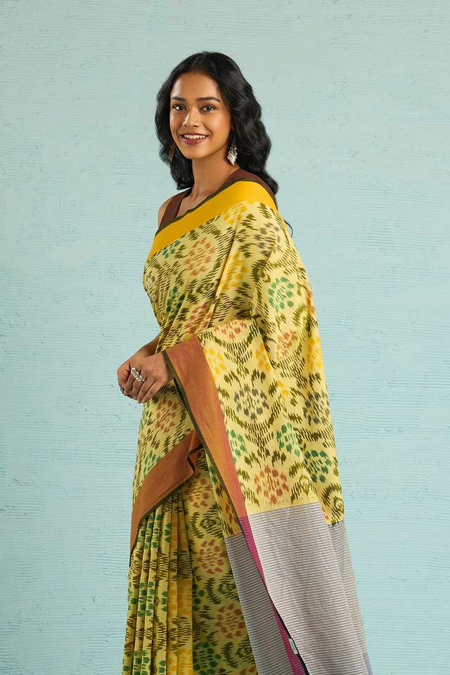 Yellow Pochampalli Pure Cotton Ikat Saree thumbnail image number null