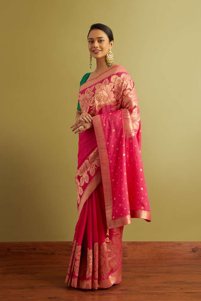 Pink Woven Viscose Luxe Saree thumbnail image number null