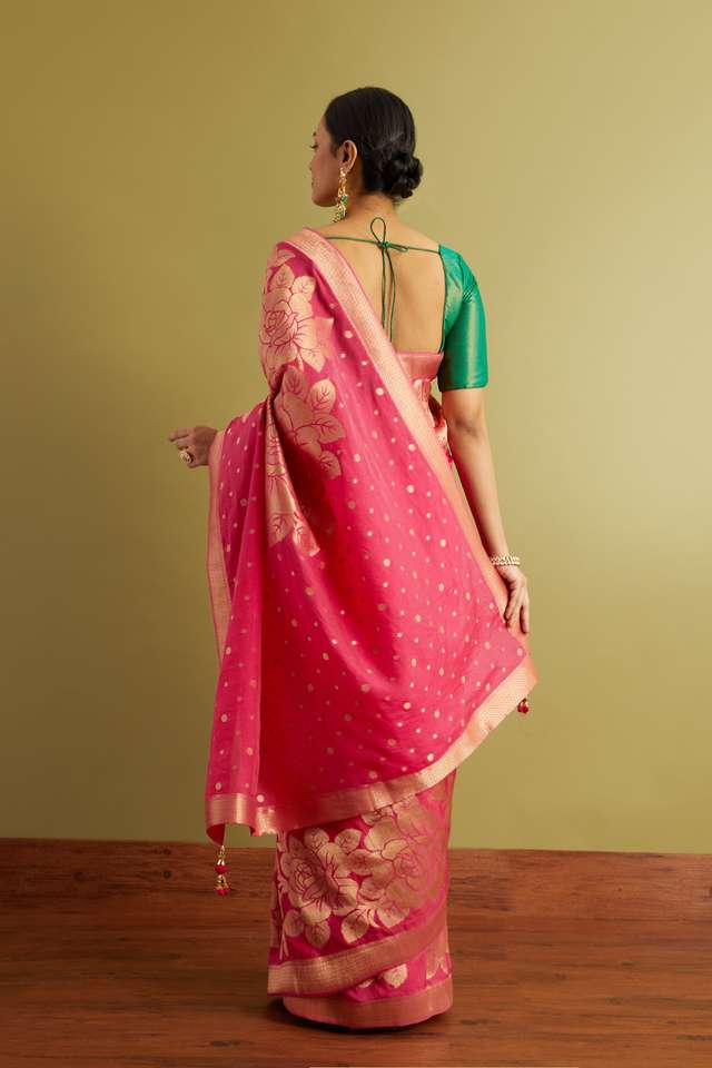 Pink Woven Viscose Luxe Saree thumbnail image number null